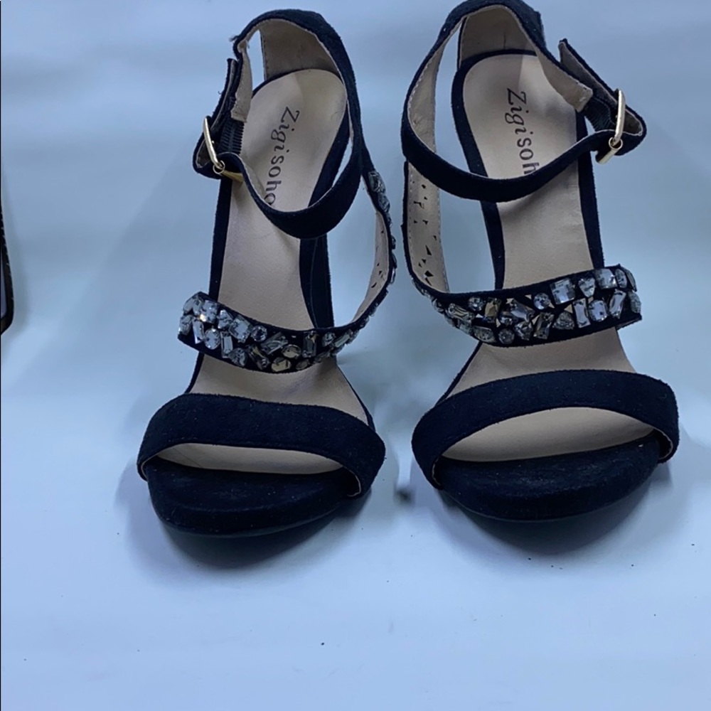 Black Suede Strappy Stilettos With Rhinestones